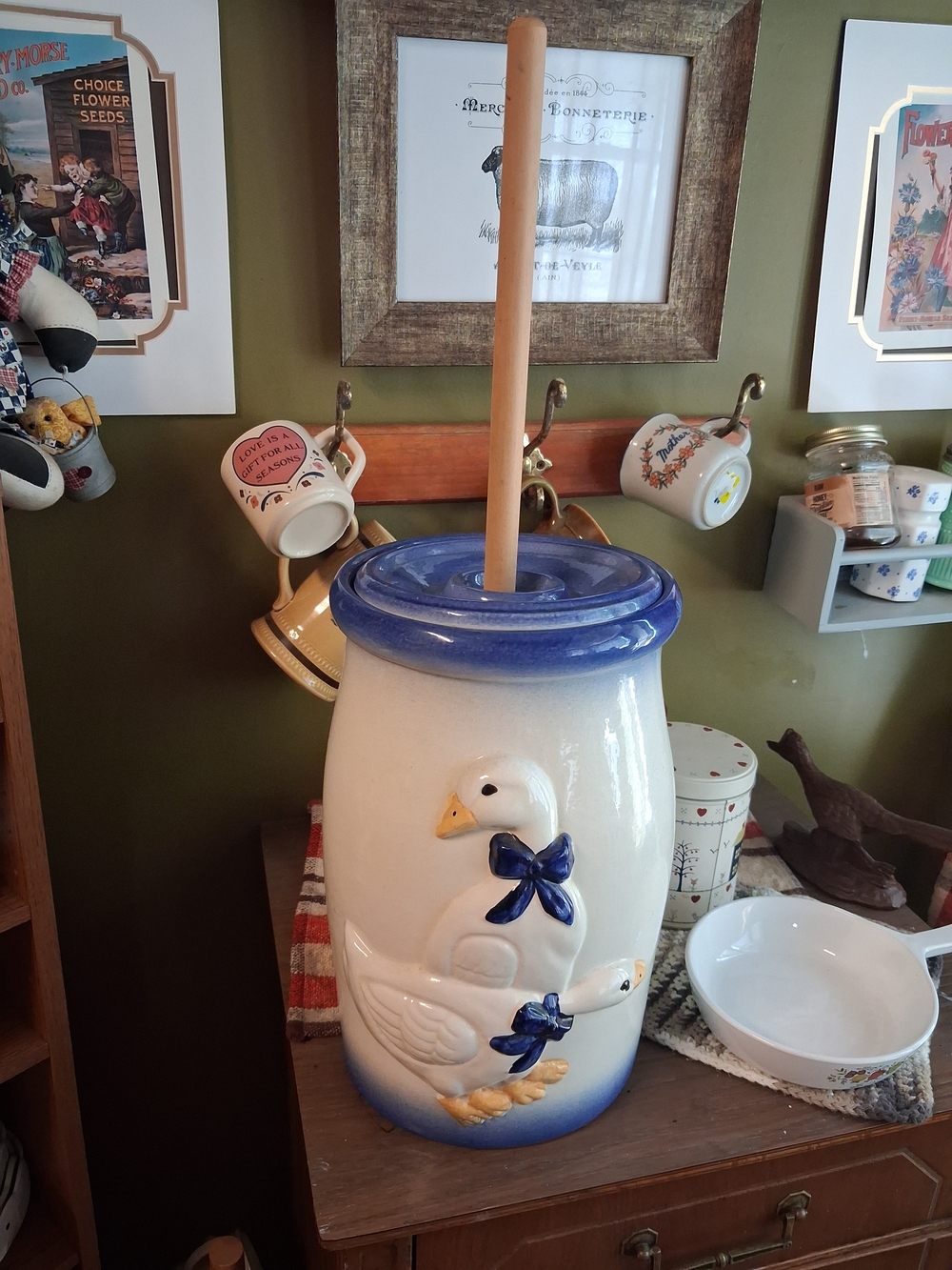 Ceramic Goose Butter Crock with Wooden Plunger - Blue & White